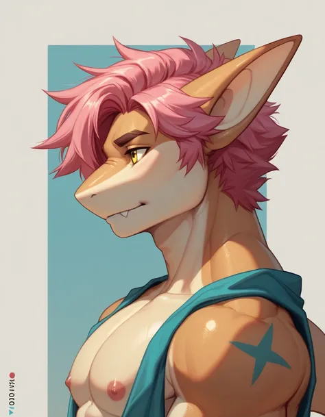 Solo, male, anthro kitsune shark, oriental, athletic, slim, beige body, pink hair, solo, male, shark, colored body, yellow eyes, lean body, anthropomorphic shark , femboy, muscle, , pink hair, bara, fursona reference, reference, correct anatomy,correct aye...