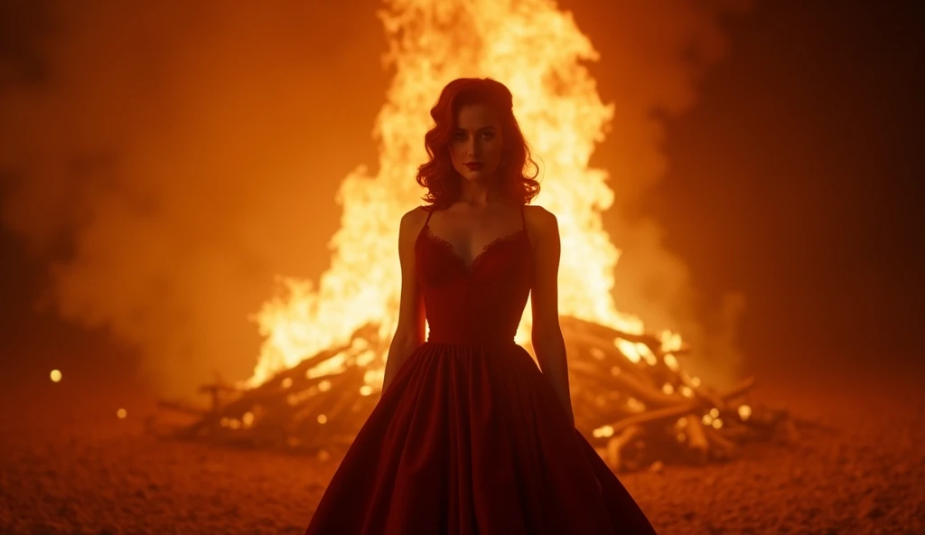 Ultra-realistic Medium shot of Madelyne Pryor standing before an infernal fire, her red dress glowing in the firelight, as if filmed for a 1950s Hollywood movie. She is A captivating redhead with wavy, shoulder-length hair, styled in a glamorous 1950s fash...