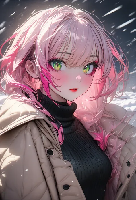 (masterpiece, best quality:1.2), (absurdres, highres, ultra-detailed), (perfect anatomy), 
1 Japanese woman,
22yo,beautiful eyes00 ,  ((multicolored hair , dark pink hair, pink hair,  light pink hair)),
medium hair,
green eyes,
(wearing (black turtleneck n...