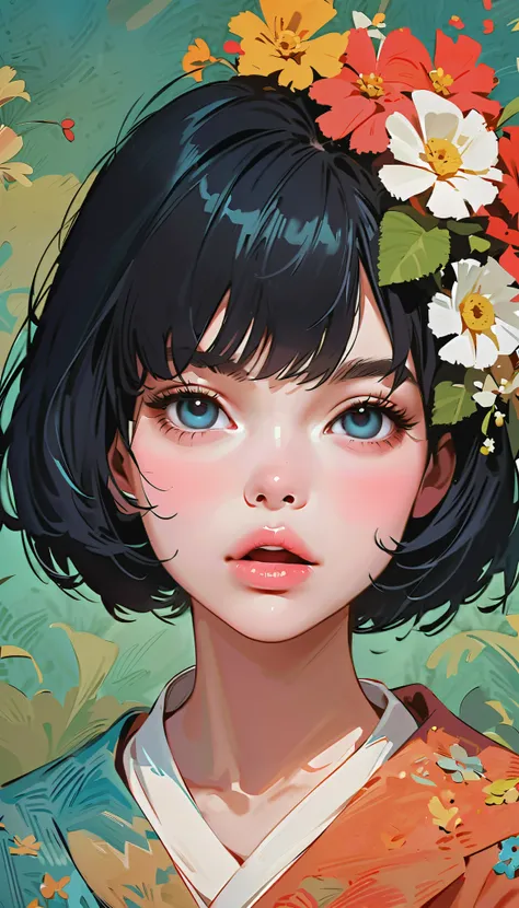 masterpiece、Best Quality: 1.2)、 1 girl、、Anime Style、Black Hair、 pink lips、Empty eyes 、Shoot Bob、Patsun、Open your mouth loosely、 in the style of famous portraitists、Van Gogh Background。