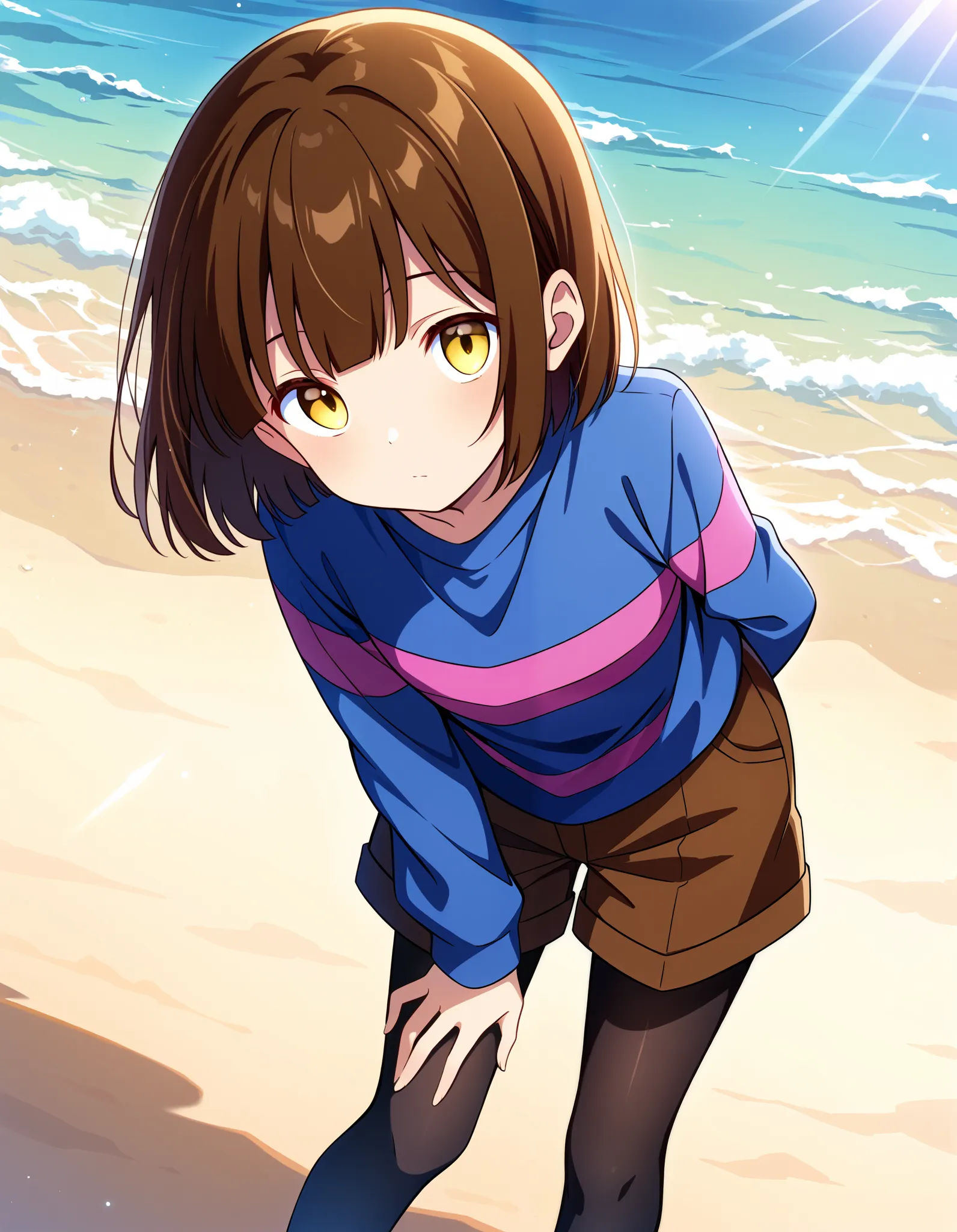 score_9, score_8_up, score_7_up, source_anime, undertale frisk, brown hair, brown shorts, bob cut, short hair, black pantyhose, ...