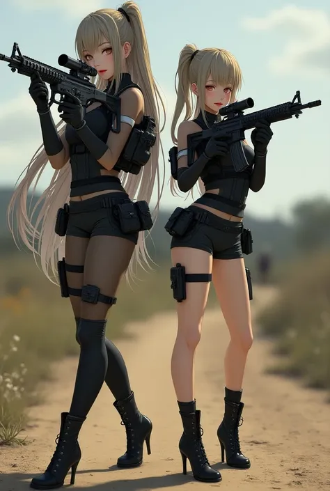 2 girls,Roromia,Toritachi Chiyo,Wield an advanced rifle, wear a full set of security personnel tactical shorts and gear to aim target shots on the battlefield, Look at the front of the girls from the ground,  Super high heels thin heels ,  Slim Long Legs, ...