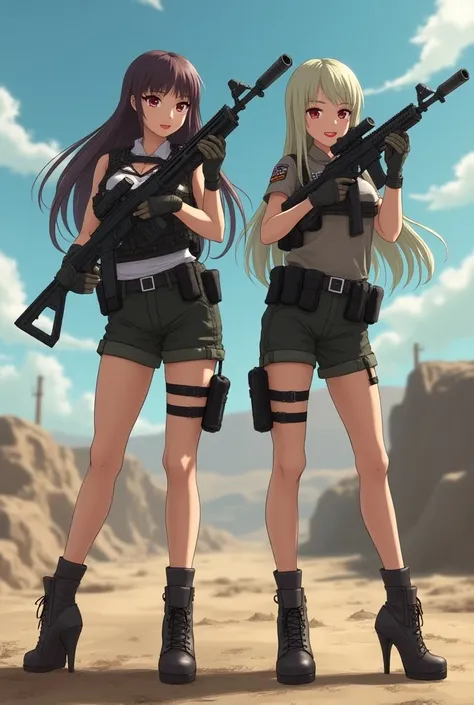 2 girls,Roromia,Toritachi Chiyo,Wield an advanced rifle, wear a full set of security personnel tactical shorts and gear to aim target shots on the battlefield, Look at the front of the girls from the ground,  Super high heels thin heels ,  Slim Long Legs, ...