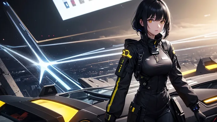 from future intelligence, technology background, complex mission, sudden mystery, unexpected result, unknown variables, strange data, confident look, space black pioneer dress, yellow eyes, black hair