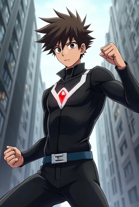    My Hero Academia Style   , Anime Boy, male, young male ,      full body shot   ,( Fighting Pose :1.3),   short hair,  Brown Hair,     Brown Eyes    ,  small red jewel in the center of the chest   ,   hero suit, Full Body Suit,  black suit with white det...