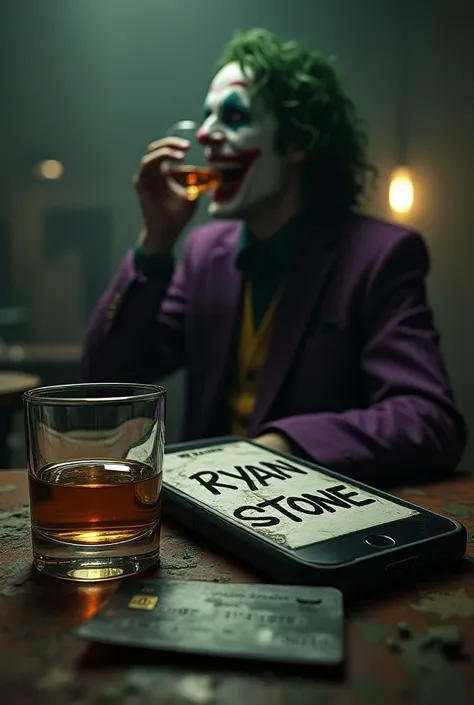 Imagine a whiskey and a credit card written on top of the cell phone written Ryan STONE and the Joker Side drinking the Whisky