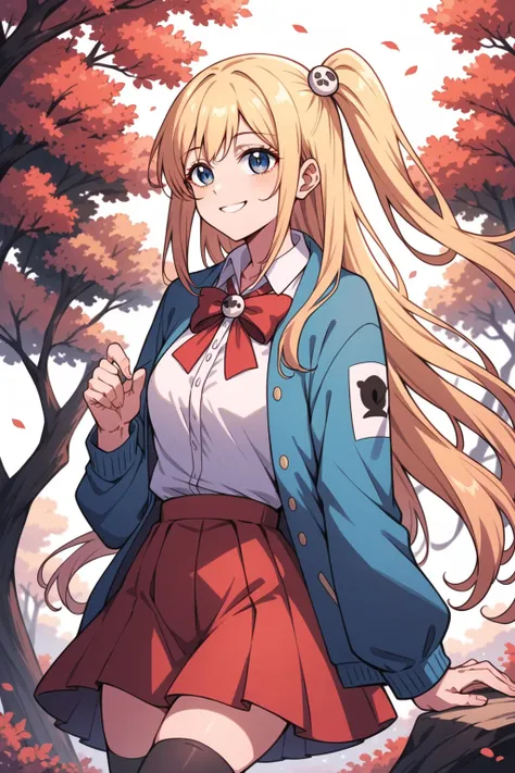 score_4_up, score_9, score_8_up, score_7_up, score_6_up, score_5_up, good_hands, high quality, extreme details, masterpiece,1girl, solo,yellow hair, long hair,blue school jacket , white shirt inside with a red bow,red skirt, blue eyes, gentle smile,trees b...