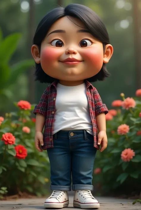 Realistic 4D caricature photo, big head, , a middle-aged girl with an Indonesian face, 25 years old, clean face, round face, Body A little bit chubby, wearing t-shirt white, wearing flannel shirt, wearing jeans blue, cursed the white snaker, standing pose,...