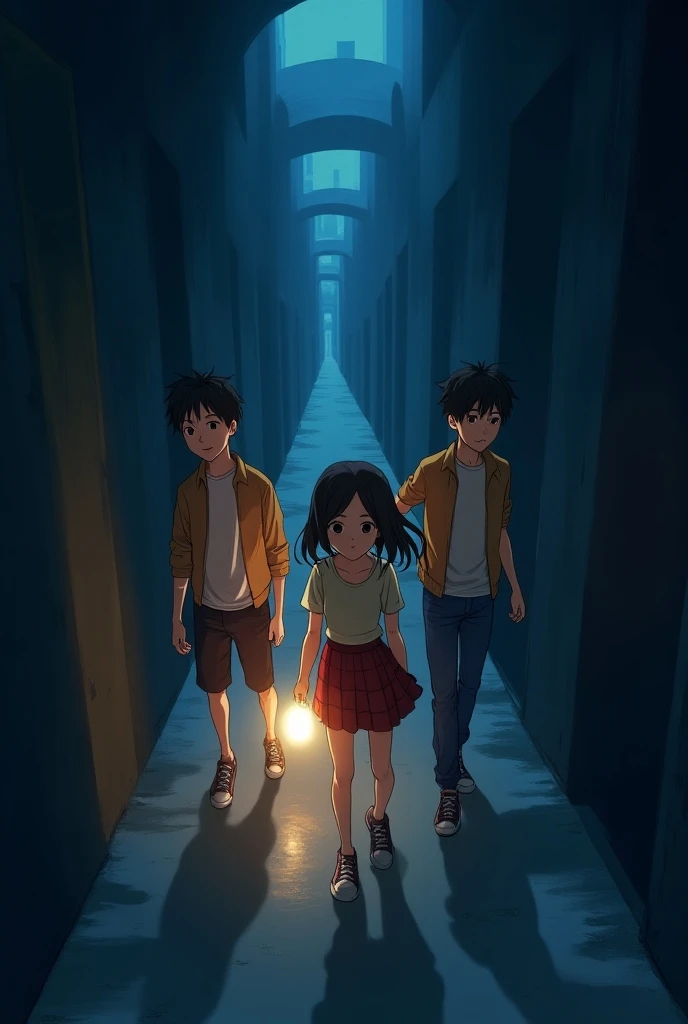 3 friends are walking at 1 of them a flashlight 2 boys and 1 girl 16  anime style adult teen species are walking down the dark corridors
