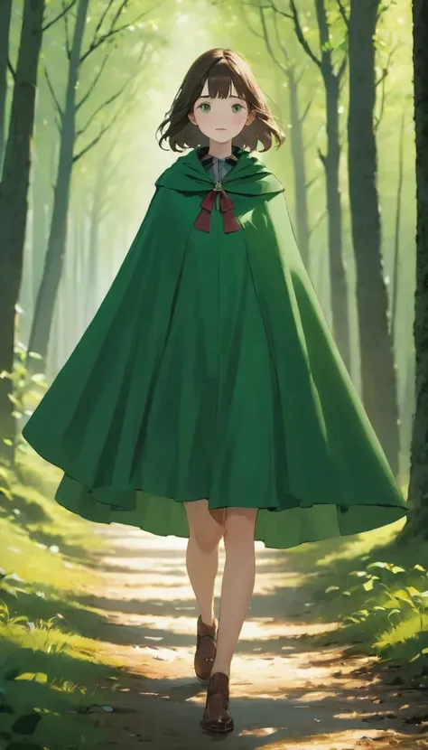  highest quality 、 High Res、masterpiece)、、 a girl 、(((、 Dark green cape:1.2)))、Backpack、The background is blurred 、 blurry background、 Dark Forest、Deep Forest、Walk、 highest quality 、超 High Res、 very detailed 、８ｋ、