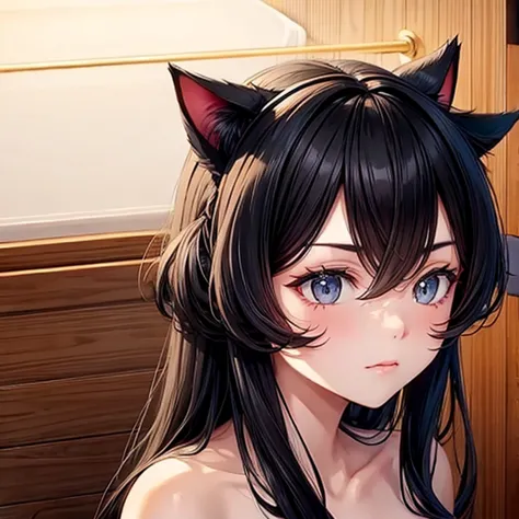 black hair　cat ears　being in the sauna