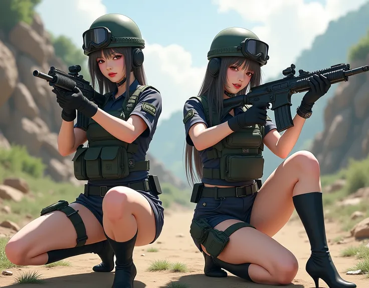 2 girls,Roromia,Toritachi Chiyo,Wield an advanced rifle, wear a full set of security personnel tactical shorts and gear to aim target shots on the battlefield, Look at the front of the girls from the ground,  Super high heels thin heels ,  Slim Long Legs, ...