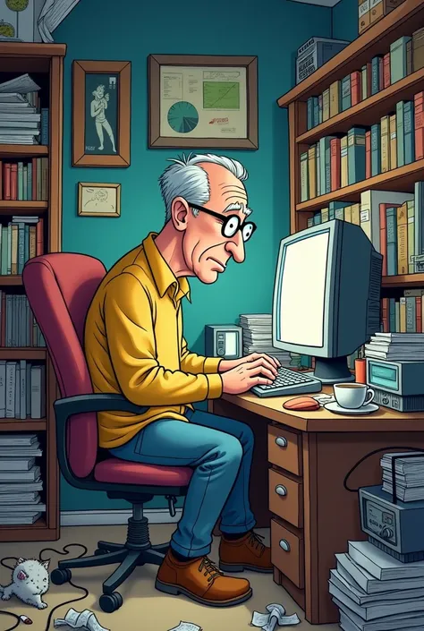 A cartoon of a 50-year-old man having computer problems 