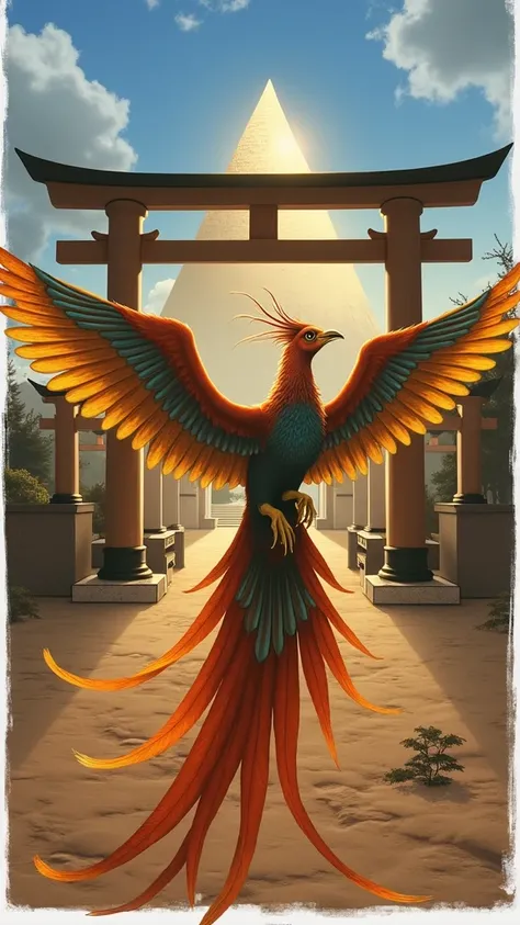  there is an Egyptian pyramid on the other side of the large torii gate of a Japanese shrine。The sun rises from the other side of the pyramid 。 a large phoenix is flying in front of the pyramid 。