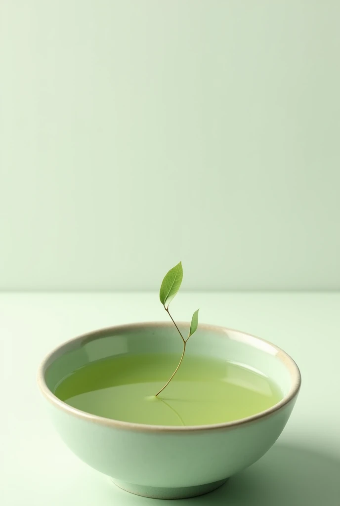  There is thin green tea in a Japanese teacup、There is one tea leaf stem in it 