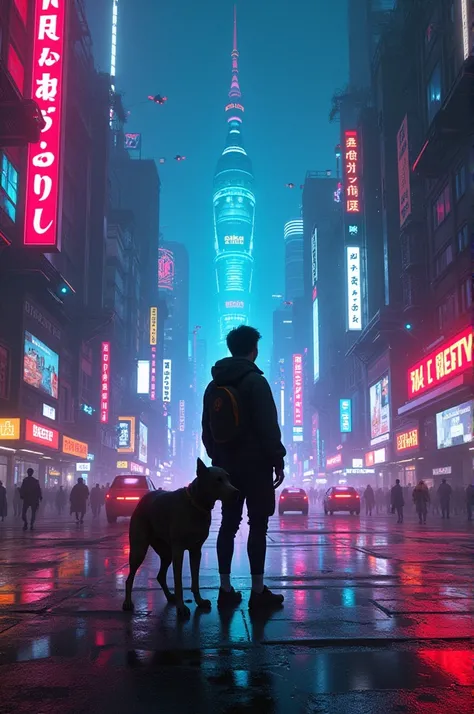 Anan is standing with his dog and in siberphunk city at night 