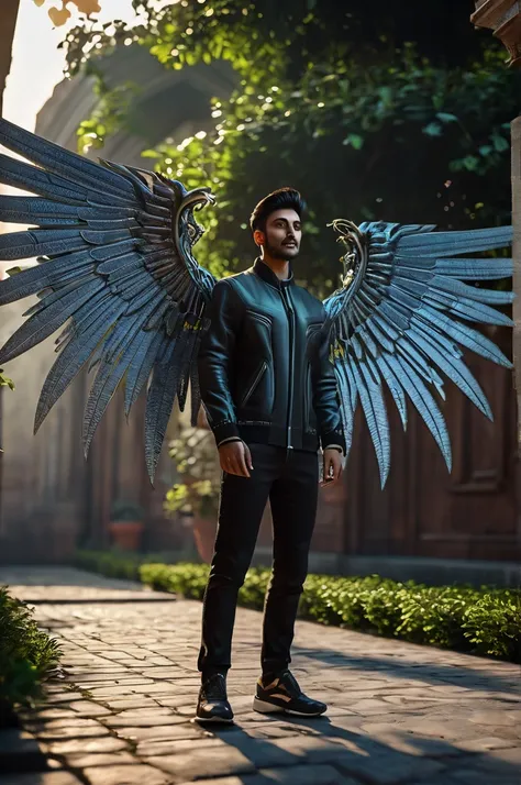 Boy having two devil like big photorealistic wings , open wings ,Science  fiction cyberpunk ultrarealistic background, lucknow roomi gate at background,rumi gate lucknow background, aesthetically pleasing , very detailed and sharp, insane professional phot...