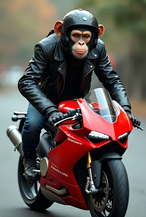 A monkey wear helmet,black jacket,and jeans,riding bike called ducati panigale v4