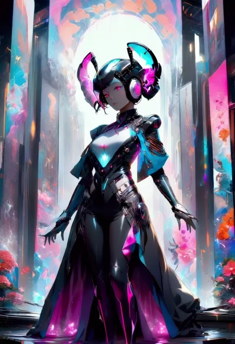 A stunning, ultra-high-resolution depiction of a futuristic, cyberpunk-themed virtual idol, designed with a perfect blend of neon-lit charisma and hyper-realistic digital detail. She stands confidently on a high-tech stage, surrounded by a maze of holograp...