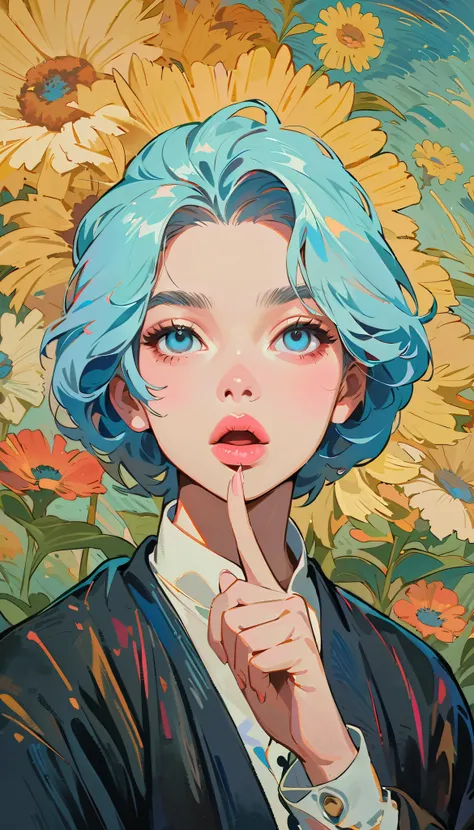 masterpiece、Best Quality: 1.2)、 1 girl、Anime Style、Light blue hair、 pink lips、Empty eyes 、 shortcut、Shaggy、Open your mouth loosely、 in the style of famous portraitists、Van Gogh Background。