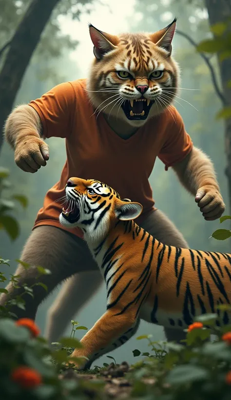 realistic scene, a large fat mother cat, 6 feet tall, with light brown fur wearing an orange shirt and black tights, is fighting a striped tiger in the middle of the forest, the action of the mother cat with an angry expression (mouth open) hitting the str...