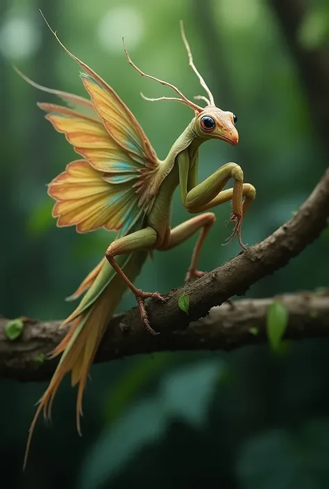  "Imagine a hybrid animal with the body of a mantis and the wings of a bird. The creature has the elongated, segmented body and graceful limbs of a mantis, but its arms and legs end in bird-like talons, perfect for gripping branches. Its head has the trian...