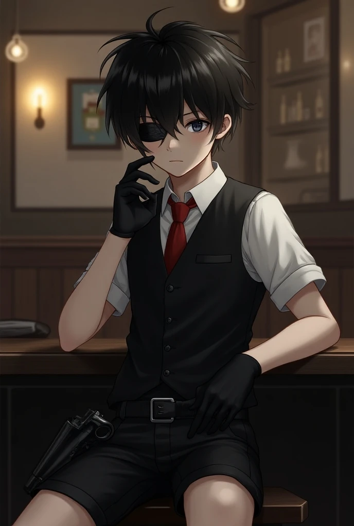 13. Pale summer boy . shaggy hair,black color.
  black eyes. There is a black bandage on the left eye. black bandage .  The shirt also has a button vest {x} Dressed in a short-sleeved white shirt with a red tie on the collar.  The left eye is covered by a ...