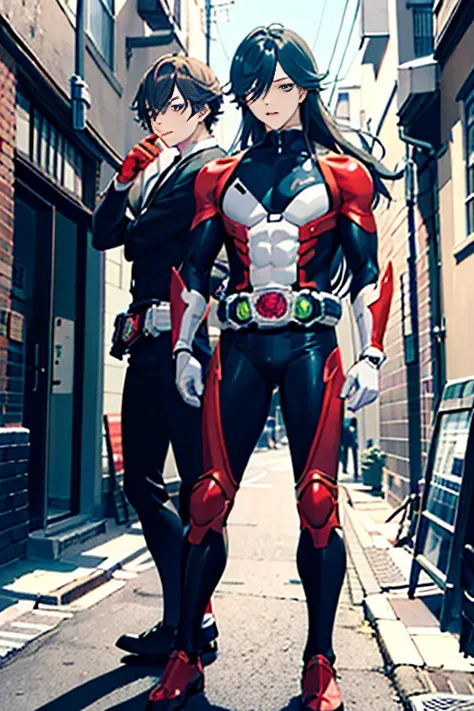 Back Alley,  Japanese with a Cool and Handsome Face ,beautiful young twink , shiny Kamen Rider suit , 18 years old,  toned and muscular , Tall, Long Hair, Long bangs