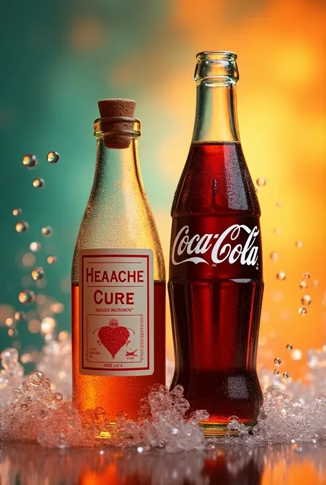 Show a vintage pharmacy bottle labeled "Headache Cure" next to a modern Coca-Cola bottle. Add bold text: "Accidental Icon?" with fizzy bubbles in the background for an eye-catching effect.