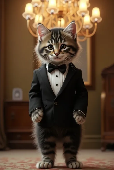 kitten、 stand upright like a human、tuxedo with bow tie、The background is a chandelier、 realistic depiction 