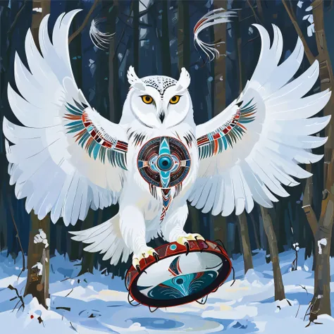 Some kind of strange secret alien graphic picture in the style of northern shamans, a large white polar owl with open wings is painted on a shamanic tambourine, secrets, riddles, hidden meanings, secret signs