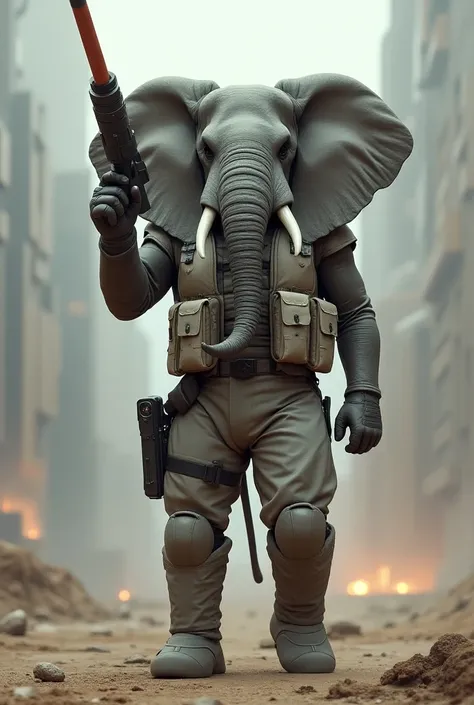 Elephant soldier with white vest holding a laser gun military boots 