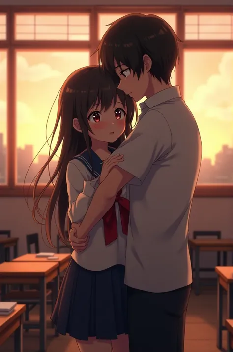 Anime girl with Japanese uniform is crying on her boy friends chest in class at sunset