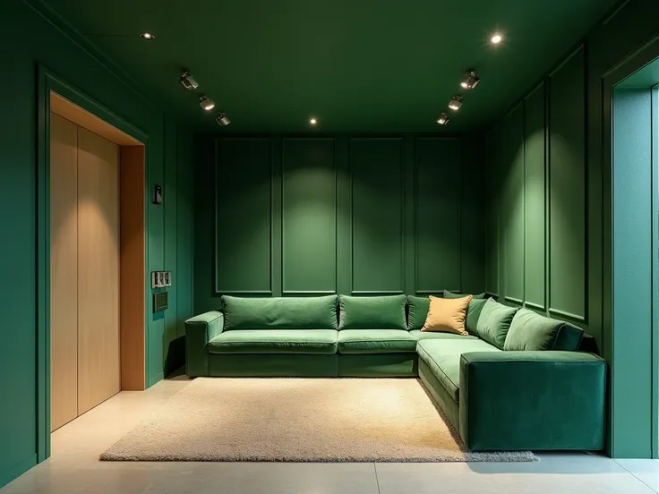 A large elevator space designed to look like a living room. Inside, there is a long, comfortable sofa that adds a cozy feel to the space. The elevator door is visible on one side, blending into the room’s design. The decor and layout make it resemble a sty...