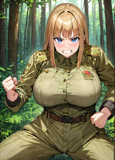 score_9, score_8_up, score_7_up, score_6_up, source_anime, rating_explicit, 1girl, solo, huge breasts, long hair, brown hair, blonde hair, blunt bangs, blue eyes, military uniform, camouflage jacket, long sleeves, brown belt, camouflage pants, serious, cle...