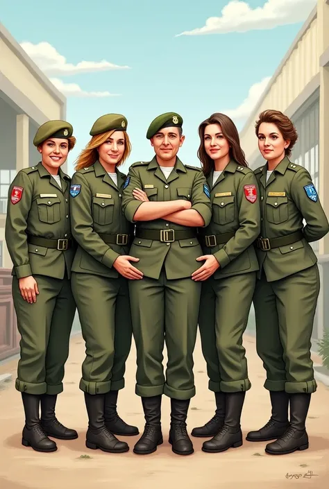 Create a humorous military-themed illustration featuring six !!! IDF officers, all around 40 years old. Arrange the officers as follows: two women wearing IDF uniforms with the rank of Tat Aluf (Brigadier General) on the far left and right, with three wome...