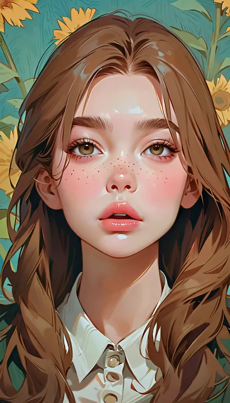 masterpiece、Best Quality: 1.2)、 1 girl、Anime Style、Brown Hair、Unclear cheeks、Freckles、 pink lips、Empty eyes 、 long hair、Open your mouth loosely、 in the style of famous portraitists、Van Gogh Background。