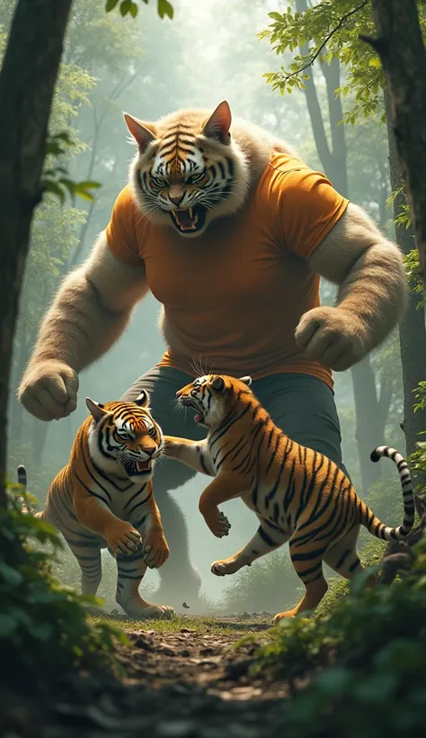 realistic scene, a large fat mother cat, 6 feet tall, with light brown fur wearing an orange shirt and black tights, is fighting a striped tiger in the middle of the forest, the action of the mother cat with an angry expression (mouth open) hitting the str...