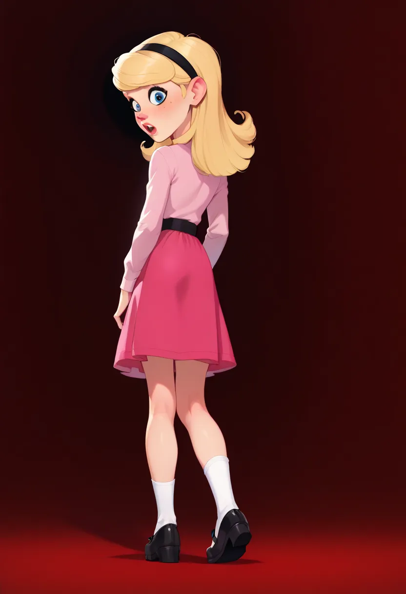 1girl, full body, solo, penny peterson, long hair, blue eyes, freckles, blonde hair, skirt, hairband, black hairband, white sock...