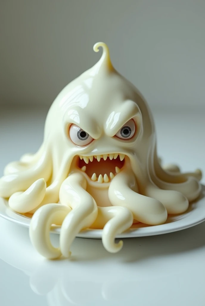 A live yogurt in a plate with osmenog tentacles and eyes looks angrily. Two different