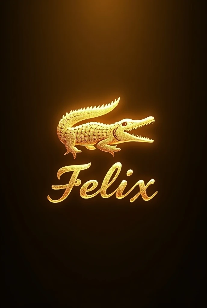 Gold Crocodile logo  , with name text  "felix" abstract writing underneath, emits shimmering light,elegant look .