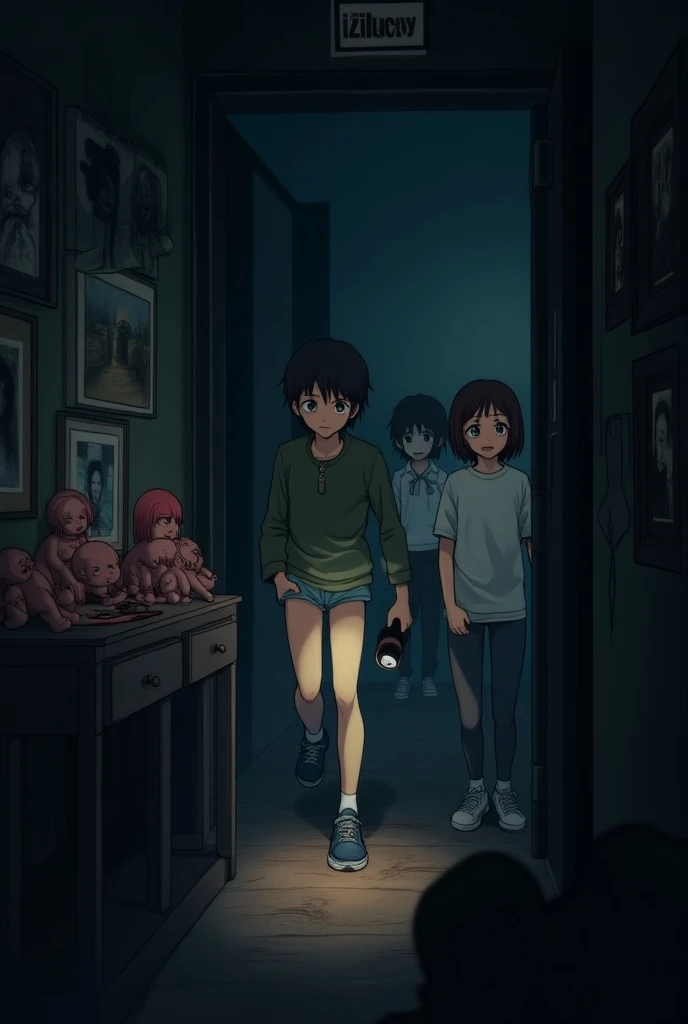 3 friends 1 of them has a flashlight 2 boys and 1 girl 16  anime style adult species are walking through the dark corridors with pictures and the dolls on the table are scared