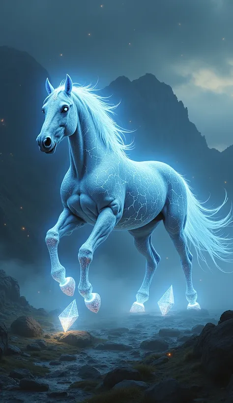 **"A mystical, fearsome creature — a horse fused with glowing diamond elements. Its body is sleek and powerful, but its coat is laced with cracks and fissures that shimmer with jagged diamond-like shards, as if the horse itself is part gemstone. The horses...