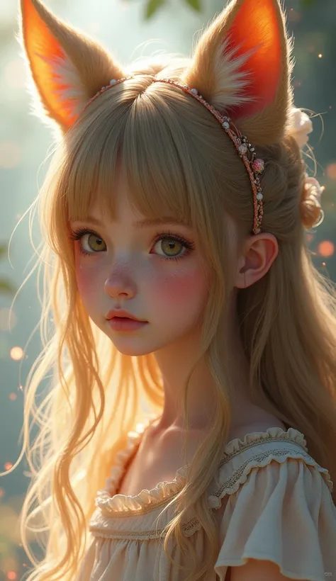 1 girl, extremely detailed, long hair, blushing, smiling, red eyes, hair ribbon, fox ears, sparkling effects, best quality, 4k, 8k, highres, masterpiece:1.2, ultra-detailed, realistic, photorealistic, photo-realistic:1.37, HDR, UHD, studio lighting, ultra-...