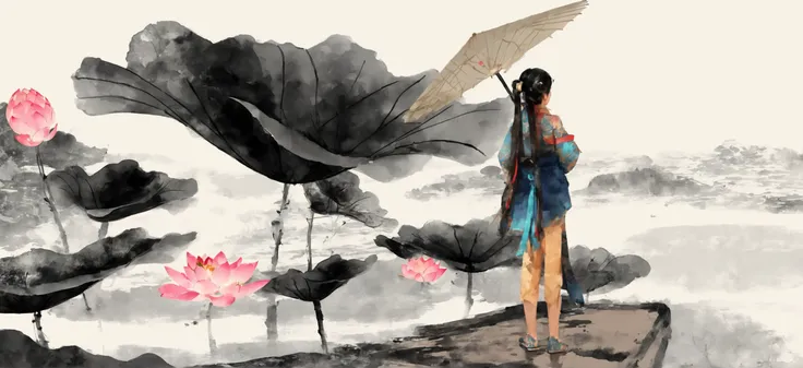 Chinese ink painting style, ink lotus leaves, lotus flowers，there is a woman standing on a platform with a parasol, a beautiful artwork illustration, chinese watercolor style, in style of digital painting, standing gracefully upon a lotus, in style of digi...