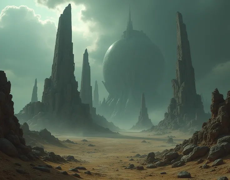 Imagine ruins from another world , extraterrestrial buildings ,  ancient stone buildings, dark place, desert place, Scary place, MACABRE, tall towers.