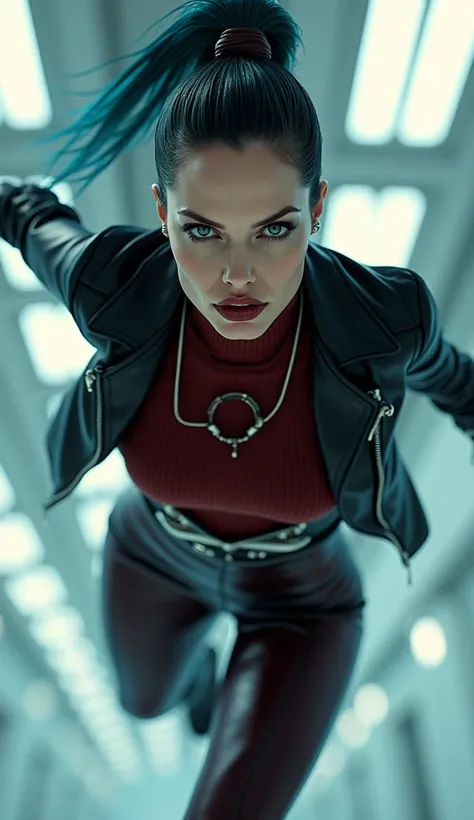 angelina jolie, en action de voler dans les airs, latex, brillant, futuriste, chemise t-shirt latex marron rouge foncé, col roulé latex marron rouge foncé, t-shirt zippé latex marron rouge foncé, cape latex bleu marine, anneaux métaliques coup, corset late...