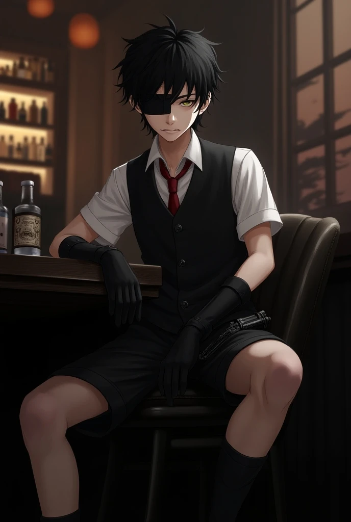 13. Pale summer boy . shaggy hair,black color.
  black eyes. There is a black bandage on the left eye. black bandage .  The shirt also has a button vest {x} Dressed in a short-sleeved white shirt with a red tie on the collar.  The left eye is covered by a ...