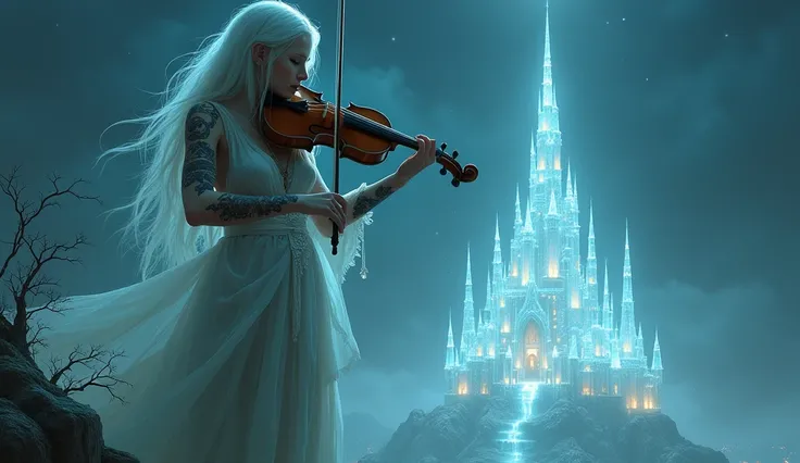 pretty white-haired woman , wearing a torn dress , torn cloak,  tattoo on her arms and body , playing violin,  standing on top of a transparent glass castle in the center during the night