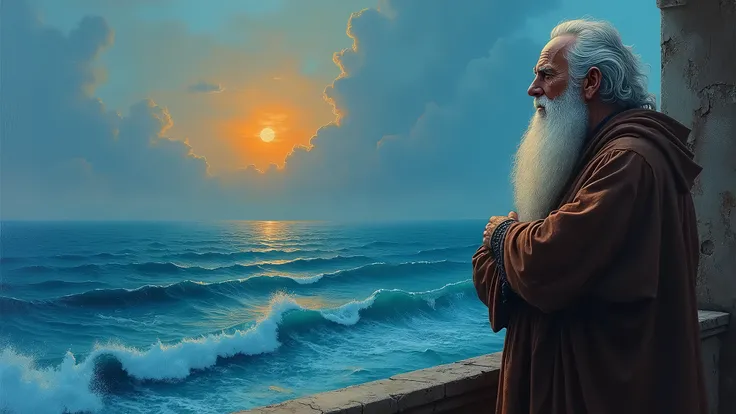 an old man with a long white beard and a serious expression on his face. he is standing on a balcony overlooking the ocean, with the sun setting in the background. the man is wearing a long robe and appears to be deep in thought, with his arms crossed over...